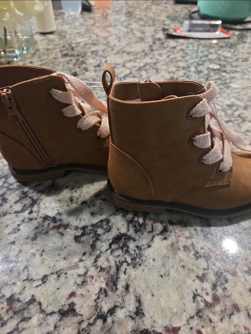 Cat & Jack Tan Girls' Ankle Boots with Light Pink Laces